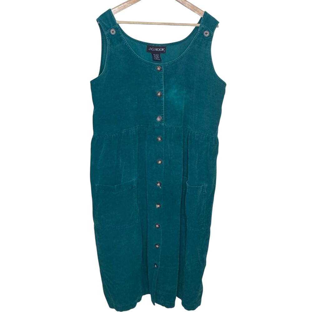 Vtg J.G. Hook Green Corduroy Button Front Jumper Dress Plus Size 2XL Lagenlook